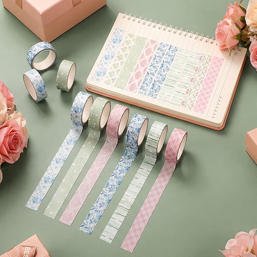 12 Rolls Watercolor Floral Washi Tape Set 15 mm Vintage Flower Decorative Masking Tape for Spring Arts DIY Craft Scrapbook Journal Supplies Gift Wrapping(Pink,Blue and Green,Garden)