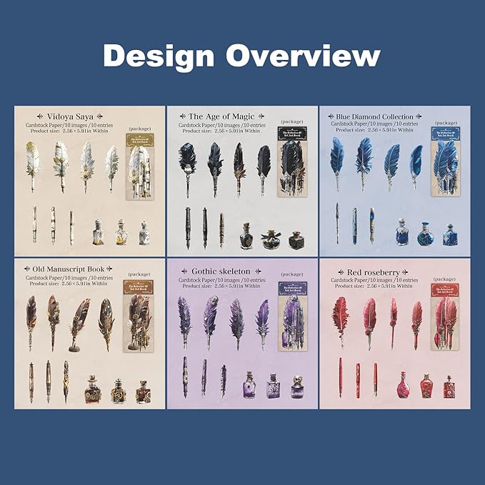 Vintage Pen & Ink Cardstock Stickers – 60pcs Antique Feather Quill & Ink Bottle Designs, Large Laser-Cut Peel and Stick Decor for Scrapbook Journal Junk Journal Collage Crafts