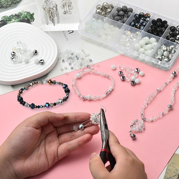 200pcs 8MM Faceted Rondelle Glass Beads for Jewelry Making, Briolette Crystal Glass Beads Plated Round Loose Spacer Beads for DIY Supplies Bracelets Necklaces Earrings (Black White)