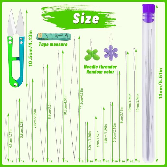 86 Pcs Beading Needle Set, 6 Sizes Big Eye Beading Needles for Seed Beads, Long Straight Bead Needles, Twist Beading Needles, Flexible Needle for Jewelry Making