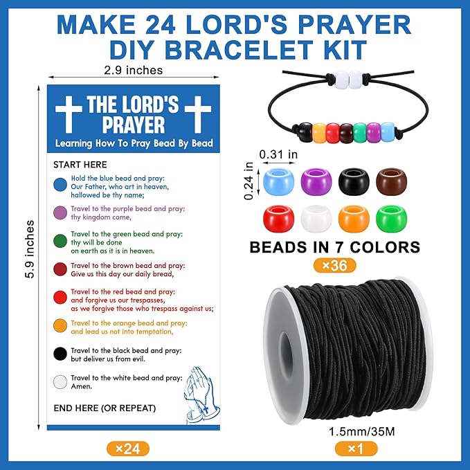 Tondiamo 24 Sets The Lord's Prayer Wristband Craft Kit Christian Faith Beaded Craft Eight Colors Beads DIY Religious Bracelet Jewelry Making Gifts for Vbs Supplies Fun Home Activities