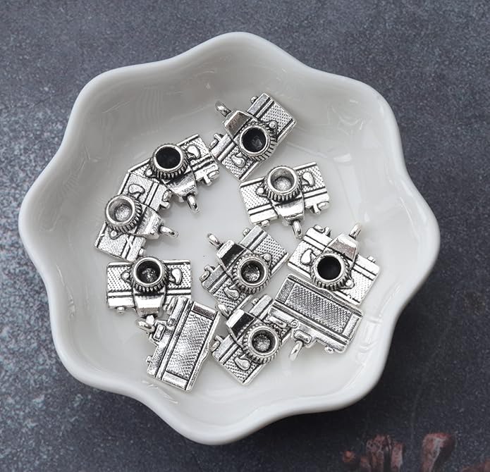 50 Pcs Camera Charms Silver Gold Mini Cute Metal Beading Jewelry Making Kit for DIY Crafting Christmas Gift Idea Necklace Bracelet Earring Keychain Making Supplies Accessories (Silver-1)