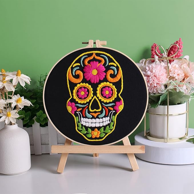 louise maelys 3 sets halloween embroidery kits for beginners,cross stitch kit for adults,diy starters needlepoint with skull flowers pattern,including instruction