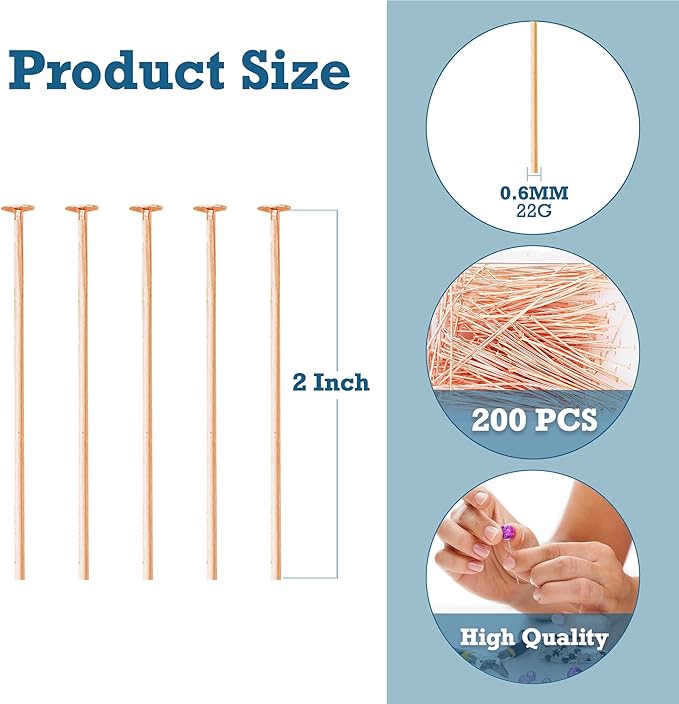 Mandala Crafts 2 Inch Rose Gold Flat Head Pins for Jewelry Making Earring Making Supplies – 200 PCs Jewelry Findings for Making Earring DIY Bracelets Rosary Charms