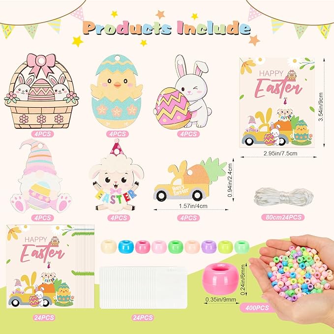 Bafeil 24 Set Easter Crafts Bead Necklace Making Kit for Kids - DIY Make Your Own Bunny Necklace for Arts and Crafts Project, Classroom Activities Gifts, Party Favors & Easter Basket Stuffers