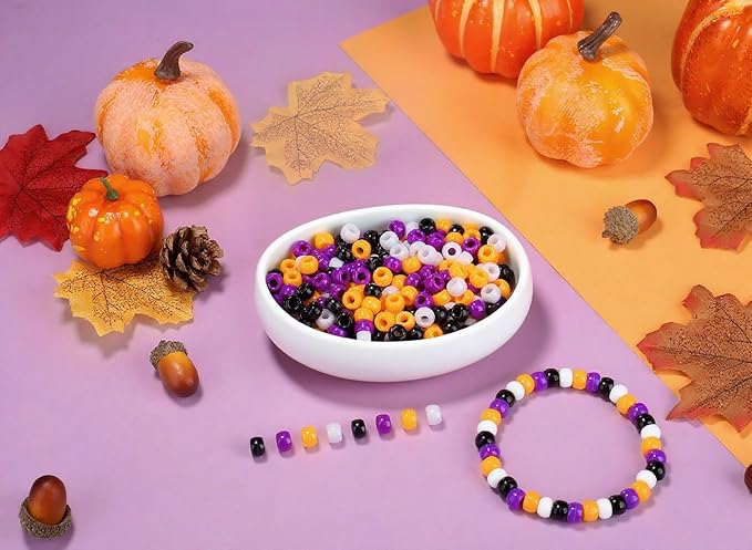 1000 Pcs Halloween Pony Beads, Colorful Beads for Bracelets Jewelry Making, Plastic Hair Bead for Braids for Craft, Gifts for Friend(Black, White, Orange, Purple)