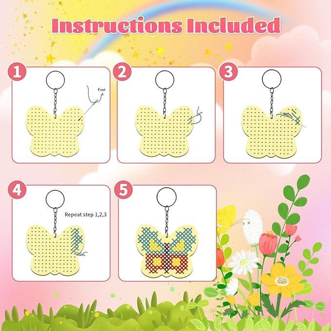 VKPI Wooden Cross Stitch Kits for Kids, Make Your Own 6 Cross Stitching Keyrings, Wood Sewing Kit, Arts & Crafts Butterfly, Flower Ornaments, Embroidery Kit for Beginners, Girls, 6-13