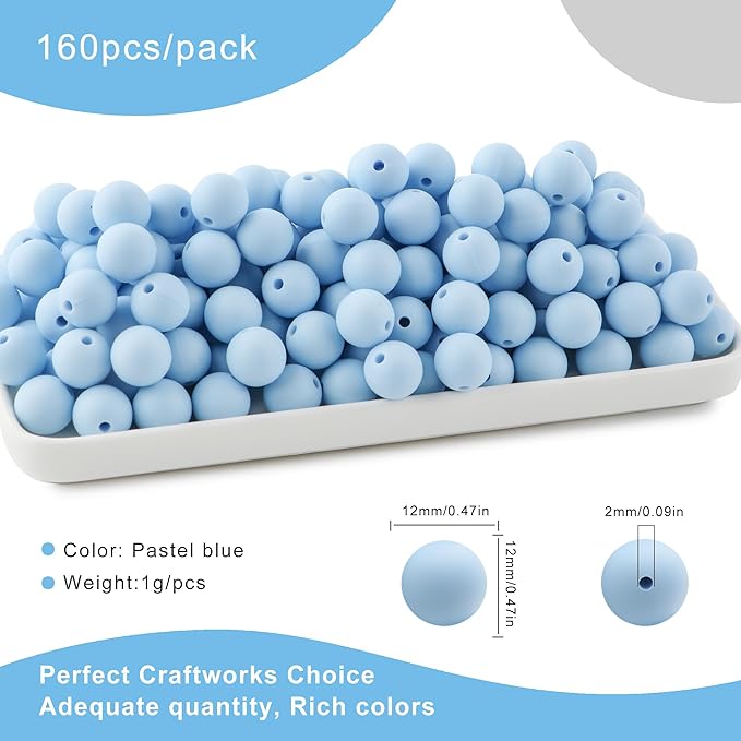 160Pcs 12mm Silicone Beads for Keychain Making Bracelet Necklace, Bulk Round Silicone Beads for Pens（Pastel Blue）