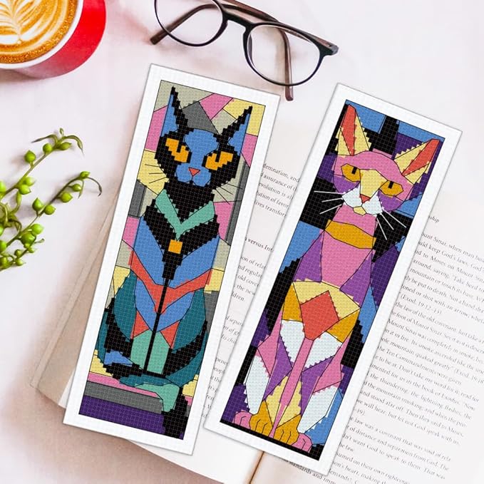 ORIGACH 6 Set Stained Glass Black Cat Cross Stitch Bookmark Kit for Beginner with Backing Felt Floss Instructions DIY Stamped Embroidery Bookmark Kit for Adults, Book Lovers