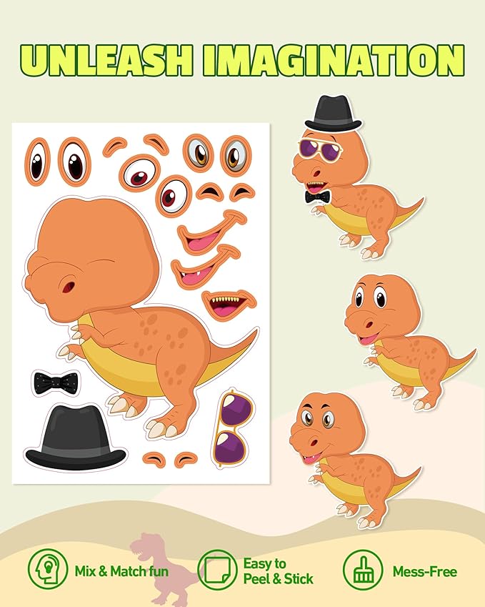 aowplc 30 sheets make a dinosaur stickers for kids fun mix 'n match craft for party favors & activities