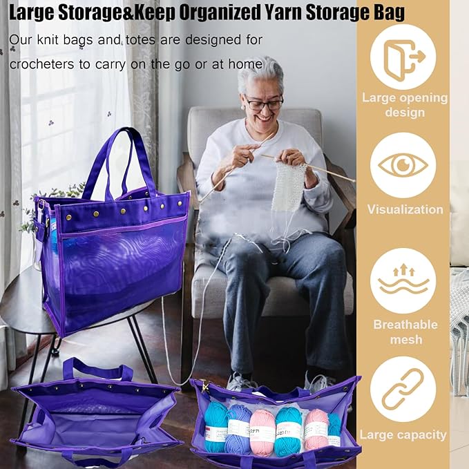 Knitting Bag Large Yarn Storage Organizer,Crochet Bags and Totes,Yarn Bags for Crocheting,Crochet Storage Bags for Crochet Hooks,Knitting Needles,Knit Bags for Crochet Lovers,Mother's Day Gift(Purple)