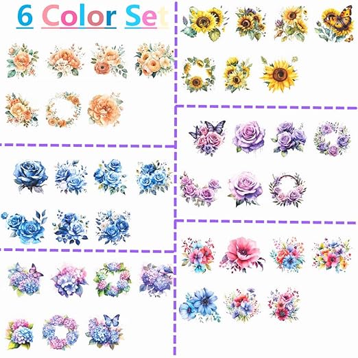 Koolemon 6Rolls Pre-Cut Floral Tape, Decorative Tape PET Flower Stickers for Crafts Journaling Scrapbook Supplies