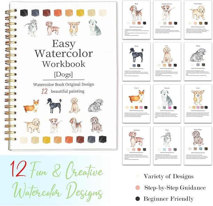 Easy Watercolor Workbook for Beginners - 12 Beautiful Step-by-Step Paintings Water Coloring Book, Includes 18 Colors Paints, Relaxing Art Projects and Creative Gift for Adults & Teen (Dogs)