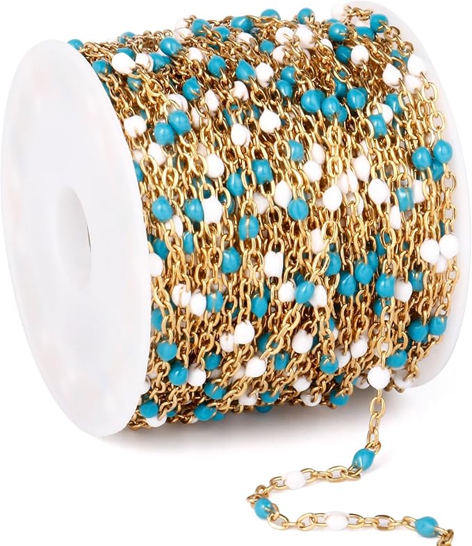 33 Feet Gold Enamel Chains Bulk, 2mm 18K Gold PVD Plated 304 Stainless Steel Blue White Enamel Beaded Cable Link Chain Roll Spool for Jewelry Making
