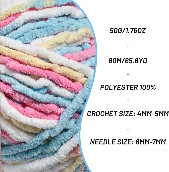 Plush Chenille Chunky Crochet - Baby Crochet Yarn Soft Velvet for Knitting Blankets Crafts - Fluffy Amigurumi Yarn 50g / 65.6yd (Candy Color)