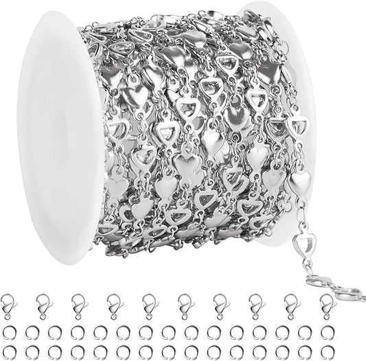 GTVOODX 13 Feet Heart Chain for Jewelry Making Silver Stainless Steel Chains Bulk for Necklace Bracelet Craft DIY Jewelry Supplies with 10 Lobster Clasps and 30 Jump Rings