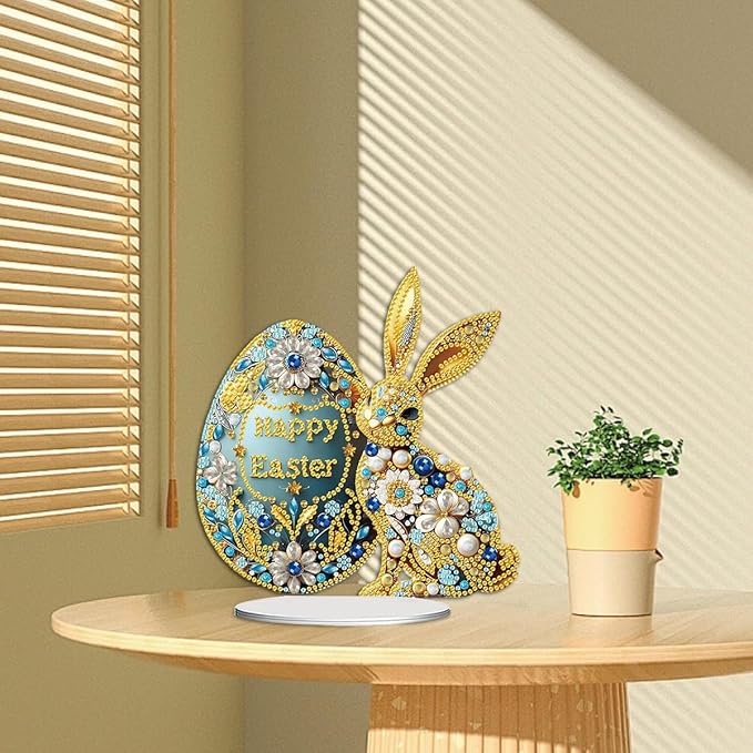 AIBOERL DIY Tabletop Diamond Art Painting Kit,Desktop Ornament Special Shaped Rhinestone Desk Placement Ornament,Home Stand Up Gem Painting Craft Kit,Gift,Double Sided (Easter Bunny 1)