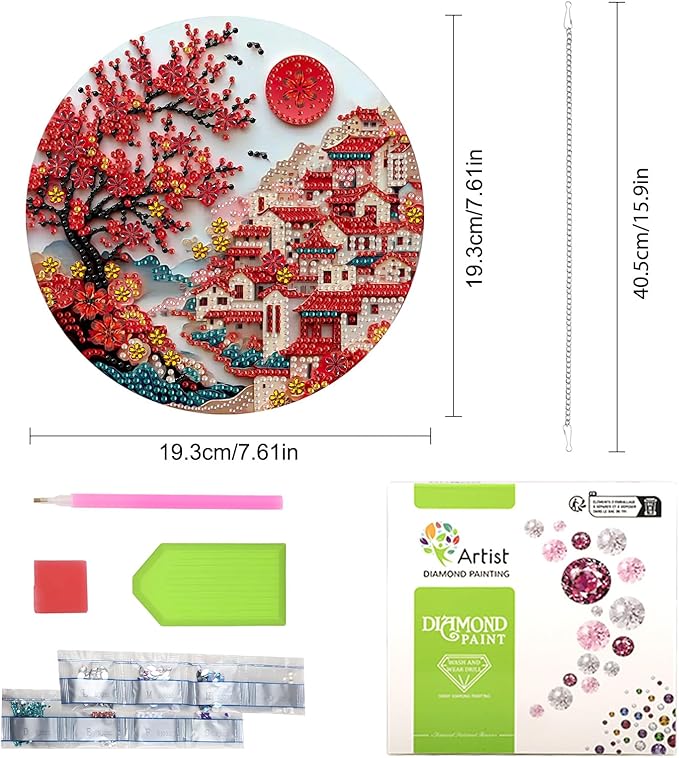 Lxmsja DIY Chinese Village Diamond Painting Hanging Ornament, Double-Sided Acrylic Red Blossoms Diamond Art Kit, Special Shaped Suncatcher Hanging Pendant Window Art Kit