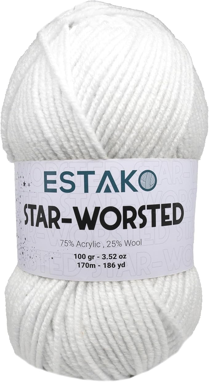 Estako Star-Worsted Yarn - 75% Acrylic 25% Wool - Soft Medium Weight #4-100g (3.52oz) - 170m (186yds) - Crochet & Knitting Yarn (40187 - White)