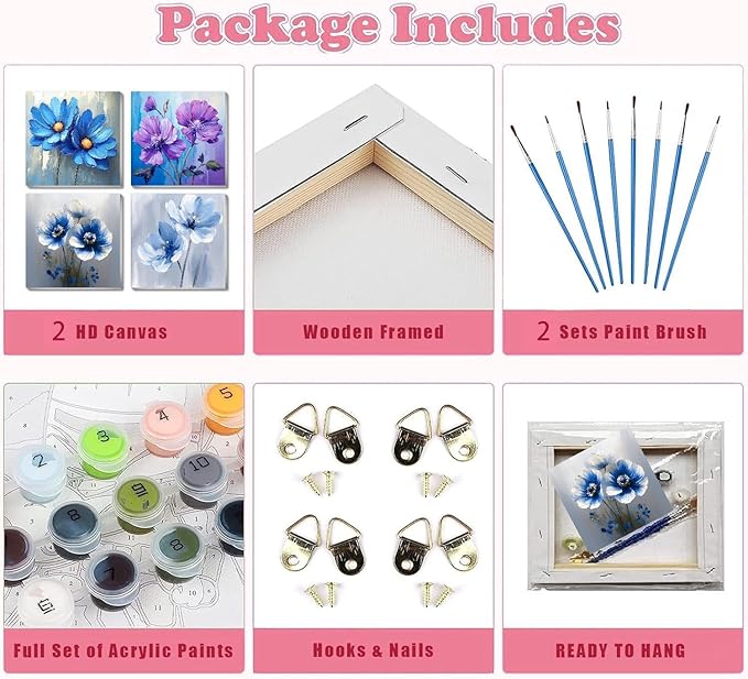 Fotasmua 4 Pack Paint by Numbers Kit for Adults Kids, Easy Framed Adults Paint by Numbers Kits, DIY Simple Flowers Acrylic Oil Painting Number Kits for Home Wall Decor (8 x 8 Inch)