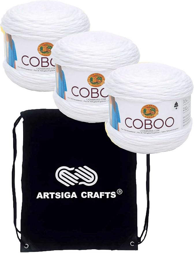 Lion Brand Coboo White 835-100 (3-Skeins - Same Dye Lot) DK Light Worsted #3 Cotton, Bamboo Yarn for Crocheting and Knitting with Project Bag