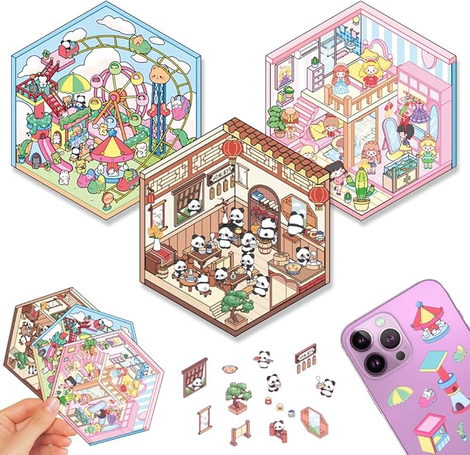 Scrapbooking Supplies Kit,DIY 3D Stickers Scene,3 Set Funny DIY Sticker Scenes,Make Your Own Cute 3D Miniature Room Scene Stickers for Adults Relief Stress Pass The Time.4-5-6