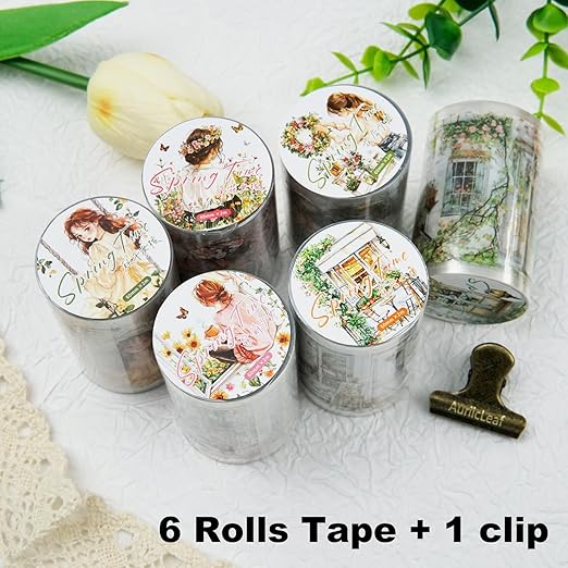 Spring PET Tape Set, 6 Rolls Pre-Cut Aesthetic Stickers for Scrapbooking, Journaling, DIY Crafts, and Collage Art