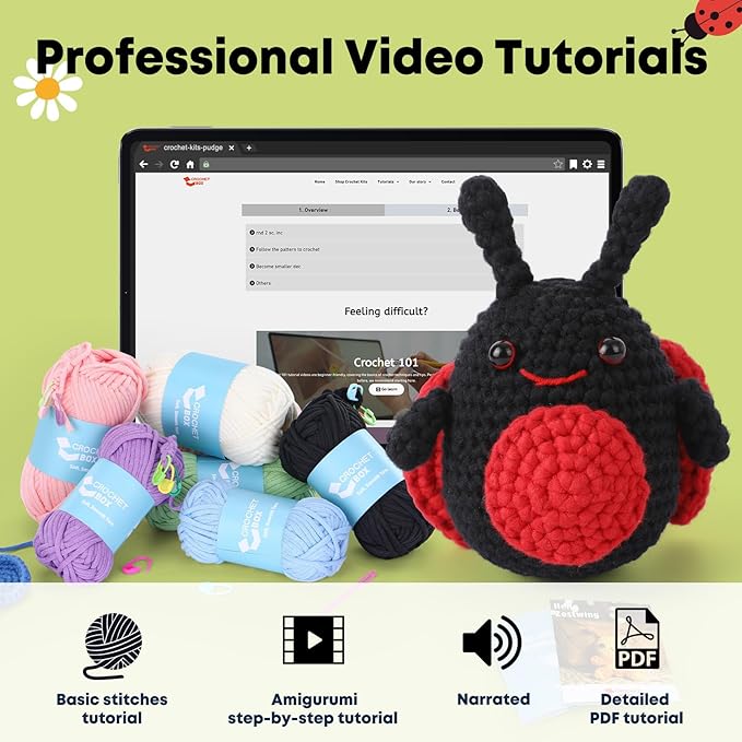 CrochetBox Crochet Kit for Beginner, Ladybug Easy Learn How to Crochet Stuffed Animals Amigurumi Gift for Adults and Teen(), Knitting Set with Yarn Hook Stitch-by-Stitch Video Tutorial