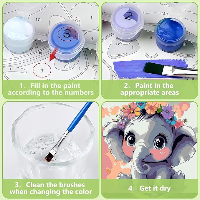 Reivworl Paint by Numbers Kit for Kids with Frame and Easel, Elephant Paint by Number for Kids Age 6-8-12, Acrylic Paint by Numbers for Gifts and Home Decor (8X8inch)