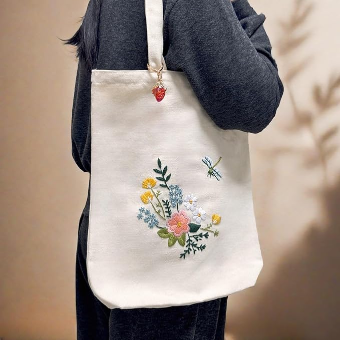 Speedura Embroidery Kit for Beginners – Dual Canvas Tote Bags with Floral Cross Stitch Patterns | Complete Needlepoint Set Includes Hoops, Threads & Step-by-Step Video Tutorial (Beige & Black Set)