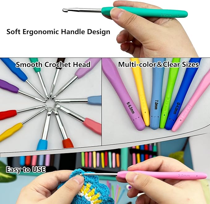 Hobekoee 22 Sizes Crochet Hooks Set with Sky Blue Case,0.5mm-10mm Ergonomic Soft Handle Crochet Hook Needles Set for Arthritic Hands,Complete Crochet Set