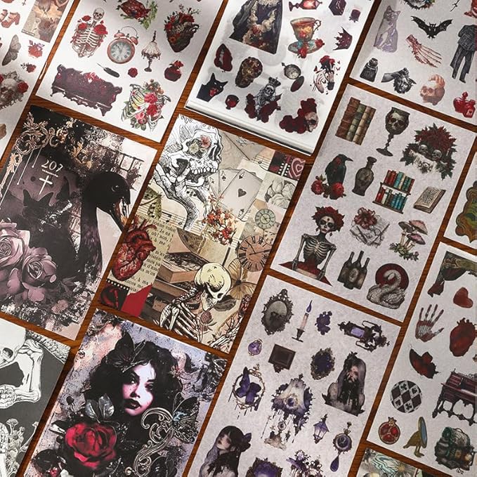 Halloween Stickers for Adults, 50 Sheets Precut Dark Aesthetic Gothic Scrapbook Washi Sticker Book for Junk Journal Supplies, Journaling, Scrap Book Suply