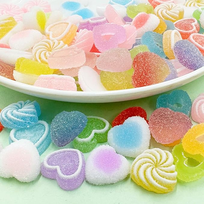 80pcs Jelly Sugar Soft Heart Candy Flatback Charms, DIY Craft Making Resin Jewelry Making Kit, Soft Candy Resin Flatback Beads for Women DIY Scrapbooking Hair Clip Crafts Cell Phone Case Making