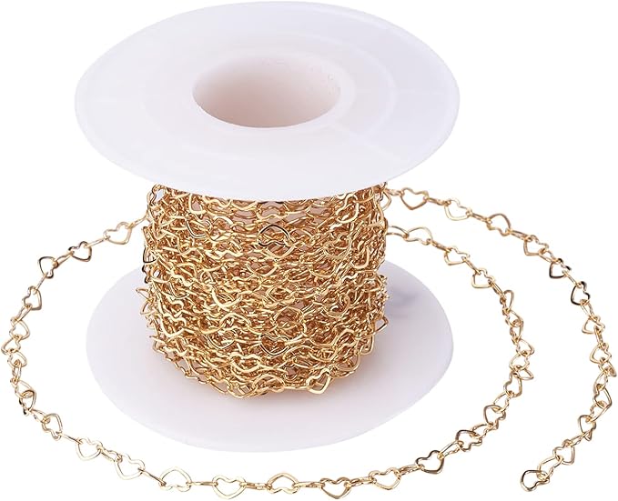 Pandahall 16.4 Feet 18K Gold Plated Brass Heart Link Chains 3x5x0.5mm Soldered Brass Cable Chains with Spool for Bracelet Necklace Jewelry Making