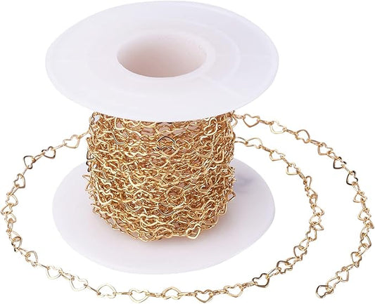 Pandahall 16.4 Feet 18K Gold Plated Brass Heart Link Chains 3x5x0.5mm Soldered Brass Cable Chains with Spool for Bracelet Necklace Jewelry Making