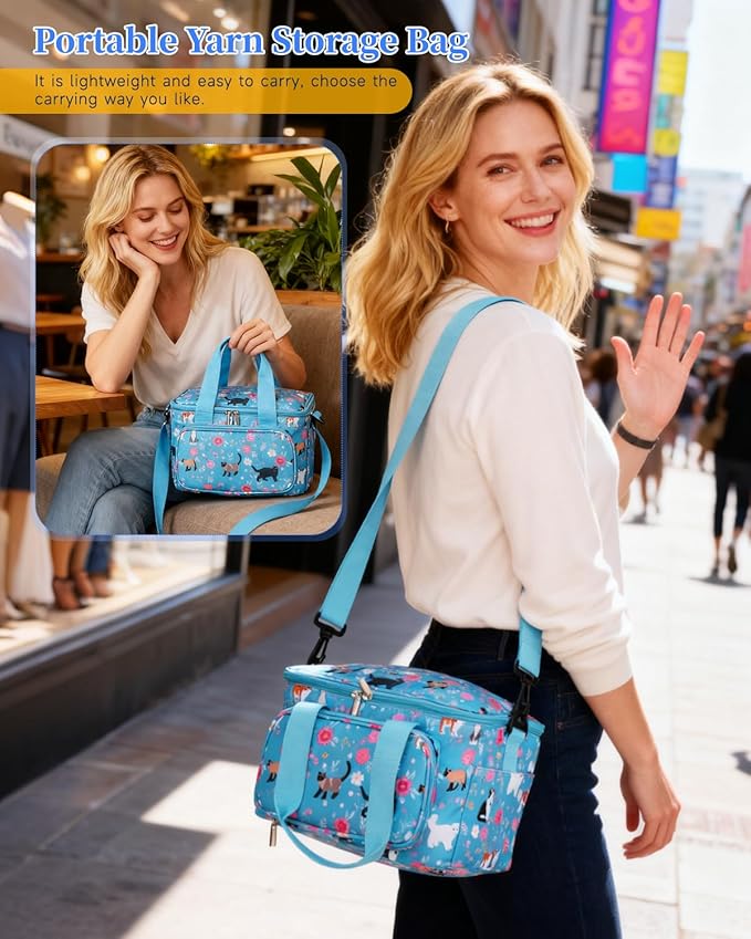 Aeelike Yarn Storage Organizer Travel Crochet Bag, Large Capacity Tote Bags Knitting Bag for Carrying Projects, Knitting Needles,Crochet Hooks and Yarn, Blue Cat Flower