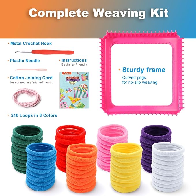 DDAI Weaving Loom Craft Kit for Kids Ages 6–12, Knitting Potholder & Woven Crafts Set with Colorful Loops and Crochet Hooks, Hands-On Creative Activity for Girls and Adults, Birthday or Holiday Gift