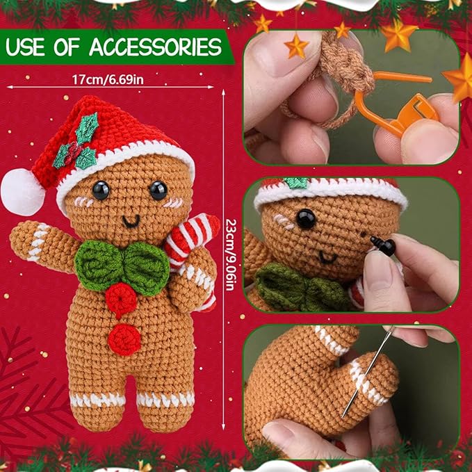 Tierong Crochet Kit for Beginner,Gingerbread Man Crochet Kit with Step-by-Step Video Instructions, Easy to Learn for Ideal Christmas Gift for Adults