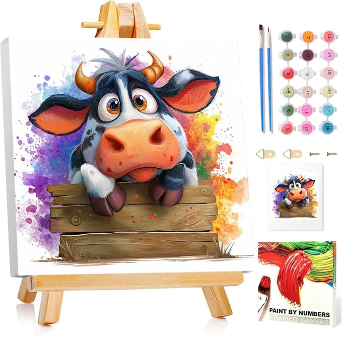 Paint by Numbers Kit for Kids with Frame, Cow Paint by Numbers for Kids Ages 4-8-12, DIY Cow Acrylic Oil Painting for Home Wall Art Decor Gift 7.8x7.8 inch (with Frame Easel)