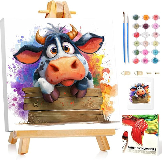 Paint by Numbers Kit for Kids with Frame, Cow Paint by Numbers for Kids Ages 4-8-12, DIY Cow Acrylic Oil Painting for Home Wall Art Decor Gift 7.8x7.8 inch (with Frame Easel)