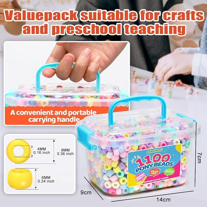 gaganiu pony beads 1100+ pcs – macaron plastic kandi beads in jar for bracelets, hair braids, jewelry making & diy crafts