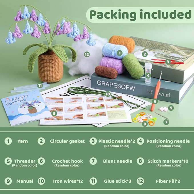 kgxulr Crochet Kit for Beginners,Bluebell Crochet Kit Beginner Crochet Starter Kit for Complete Beginners Adults, Crocheting Knitting Kit with Step-by-Step Video Tutorials(Bluebell)