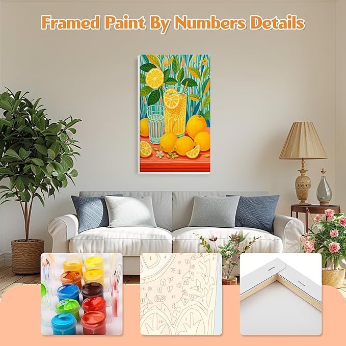 GHHKUD Lemon Paint by Numbers Kits with Frame for Adults Beginners, DIY Beverage Paint by Numbers for Kids, Painting Art on Canvas Gifts Home Wall Decor 20x30cm