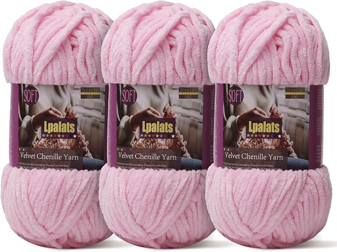 Baby Blanket Yarn for Crocheting Soft - 3 Pack of 100g/3.5oz Chunky Chenille Yarn for Knitting Blankets Amigurumi - #6 Super Bulky - 261 Yards Thick Plush Yarns (3, Pale Pink)