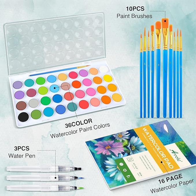 AROIC 65 Pieces Watercolor Paint Set,36 Colors Watercolor,10 Brushes,3 Refillable Water Brush Pens,16 Page Pad(8.5 * 5.5in),Profesional Watercolor Kit for Adults Artists, Beginners