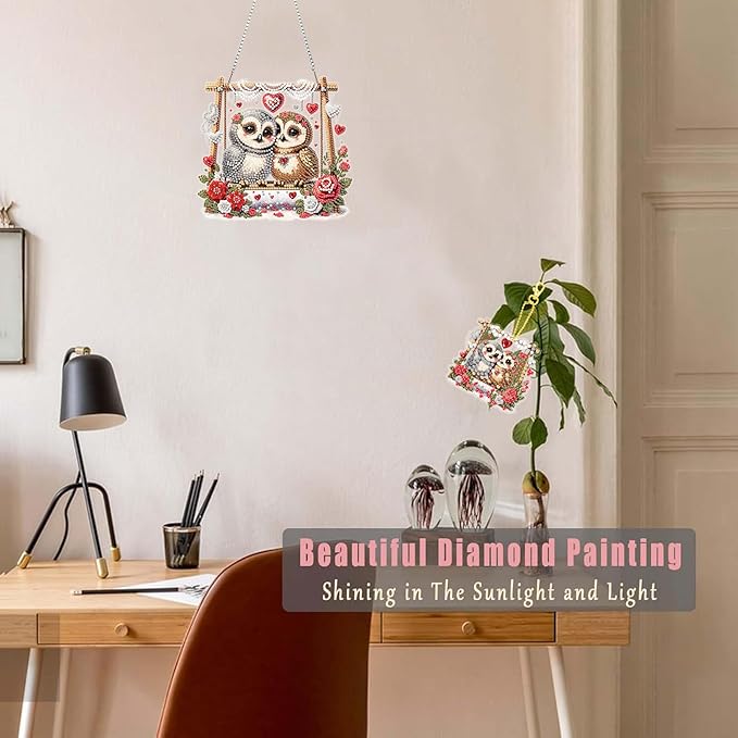 Masendp Valentine's Day Owl Diamond Painting Double-Sided Hanging Ornament Set, DIY Irregular Shaped Rhinestone Window Decoration Set, Suitable for Home and Garden Wall Decoration Gifts