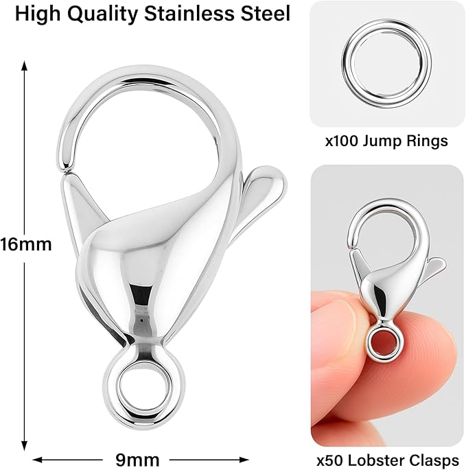 Mandala Crafts 16mm Stainless Steel Lobster Clasps for Jewelry Making - 50 PCs SS Lobster Claw Clasps with Jump Rings Jewelry Findings Kit for Necklaces Bracelets Charms Fasteners