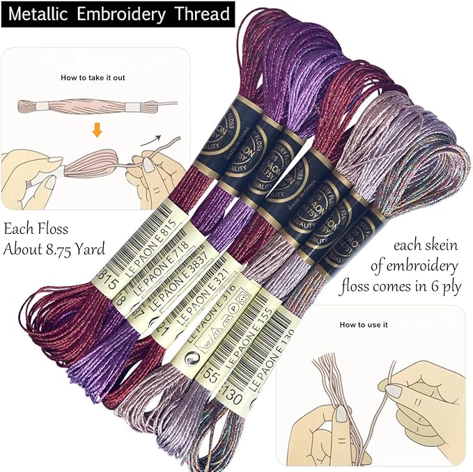 LE PAON Embroidery Floss Metallic Thread (Red-Purple Series)