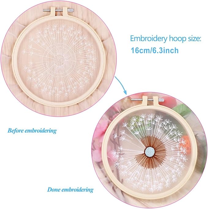 KISSBUTY Full Range Embroidery Starter Kit with Dandelion Pattern, Plastic Hoop, Color Threads, Tools