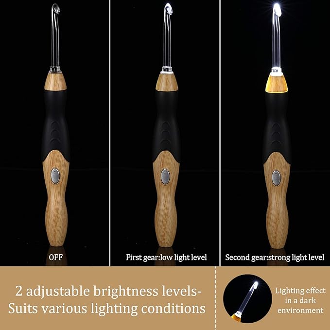 Chuangdi 11 Sizes Lighted Crochet Hooks Set Rechargeable Crochet Hook Light up Hooks with Case, Interchangeable Heads 2.5 mm to 8 mm for DIY Craft Supplies(Wood Color-Black)